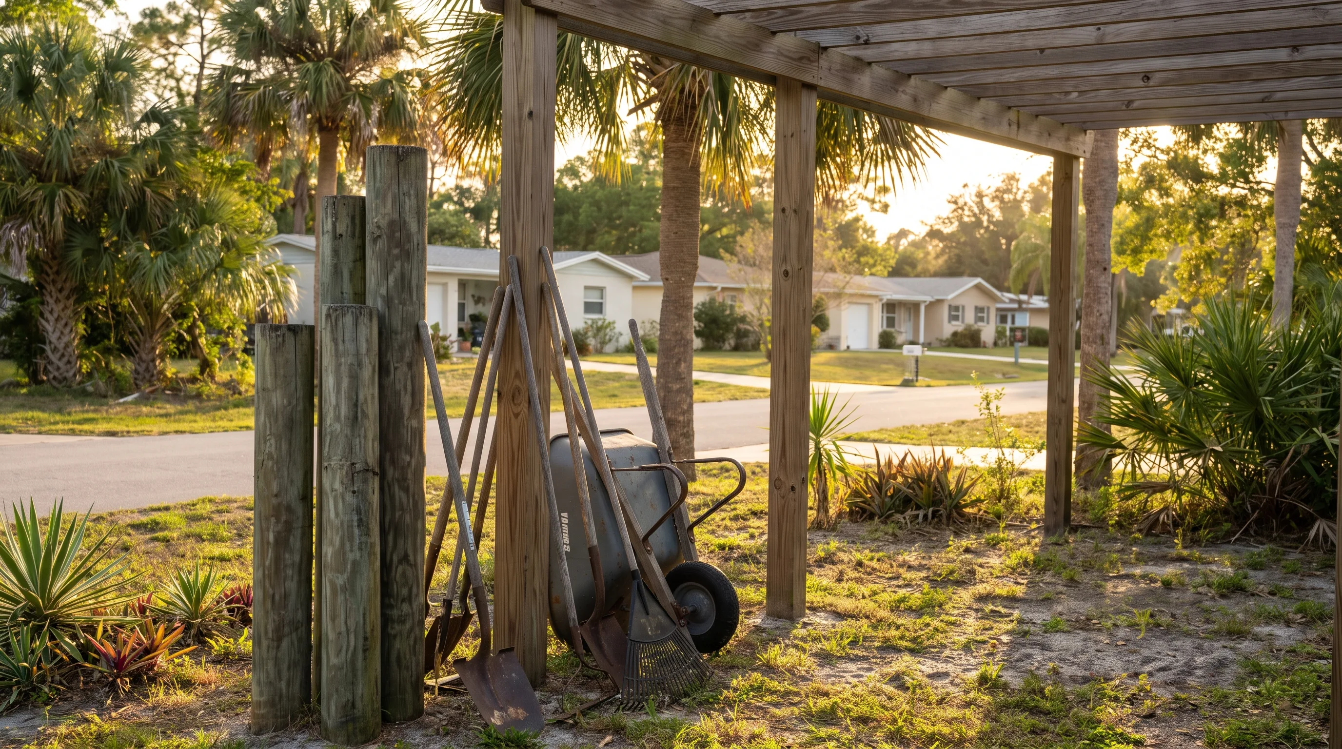 Unmarked tools and posts staged beside a residential pergola in a Florida yard at late-day light.