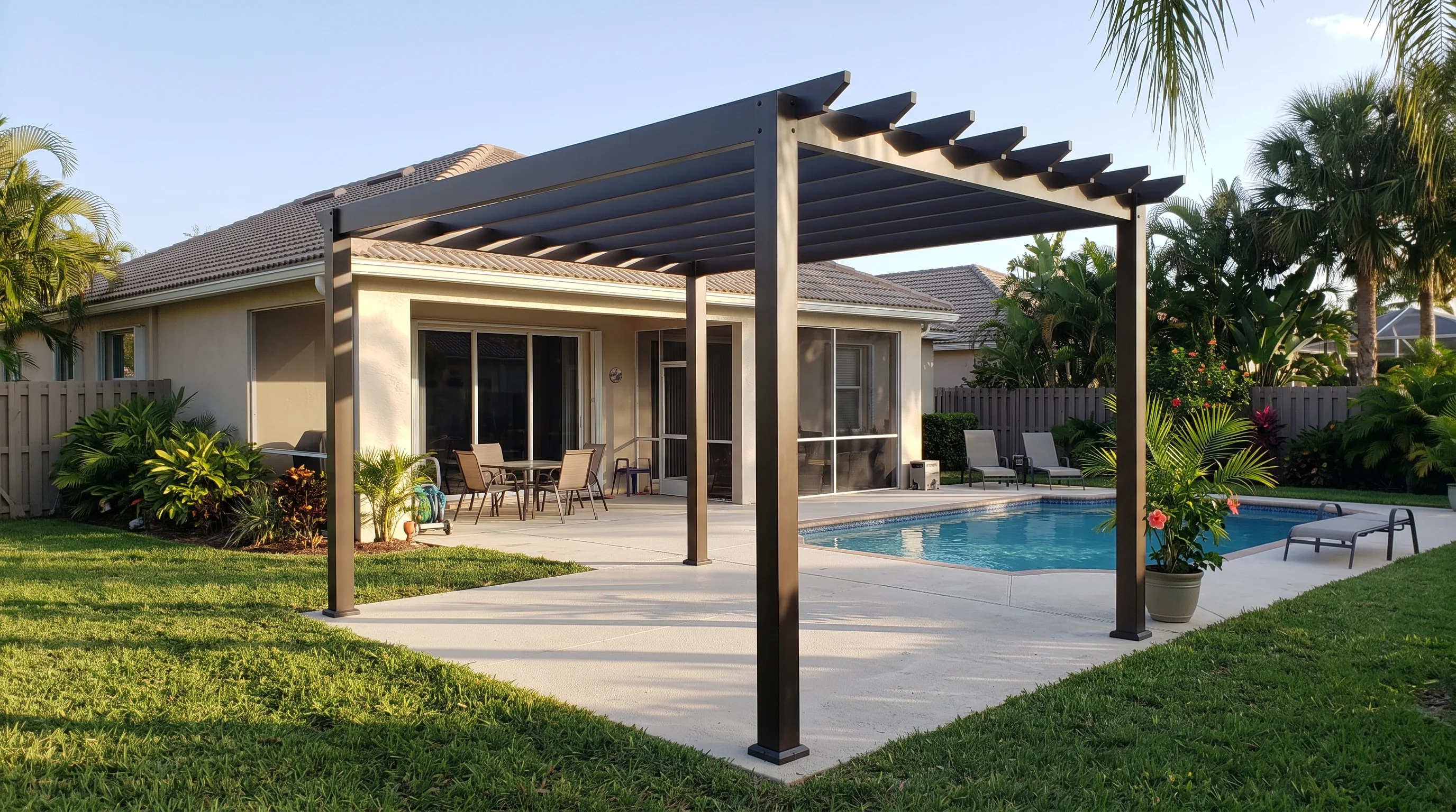 Dark aluminum pergola over a Port St. Lucie patio beside a pool, open rafters, afternoon light on a single-story Florida house.