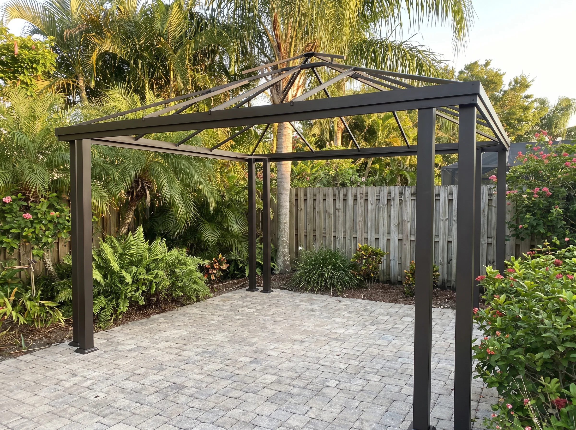 Powder-coated aluminum pergola frame over a Florida patio in warm daylight.