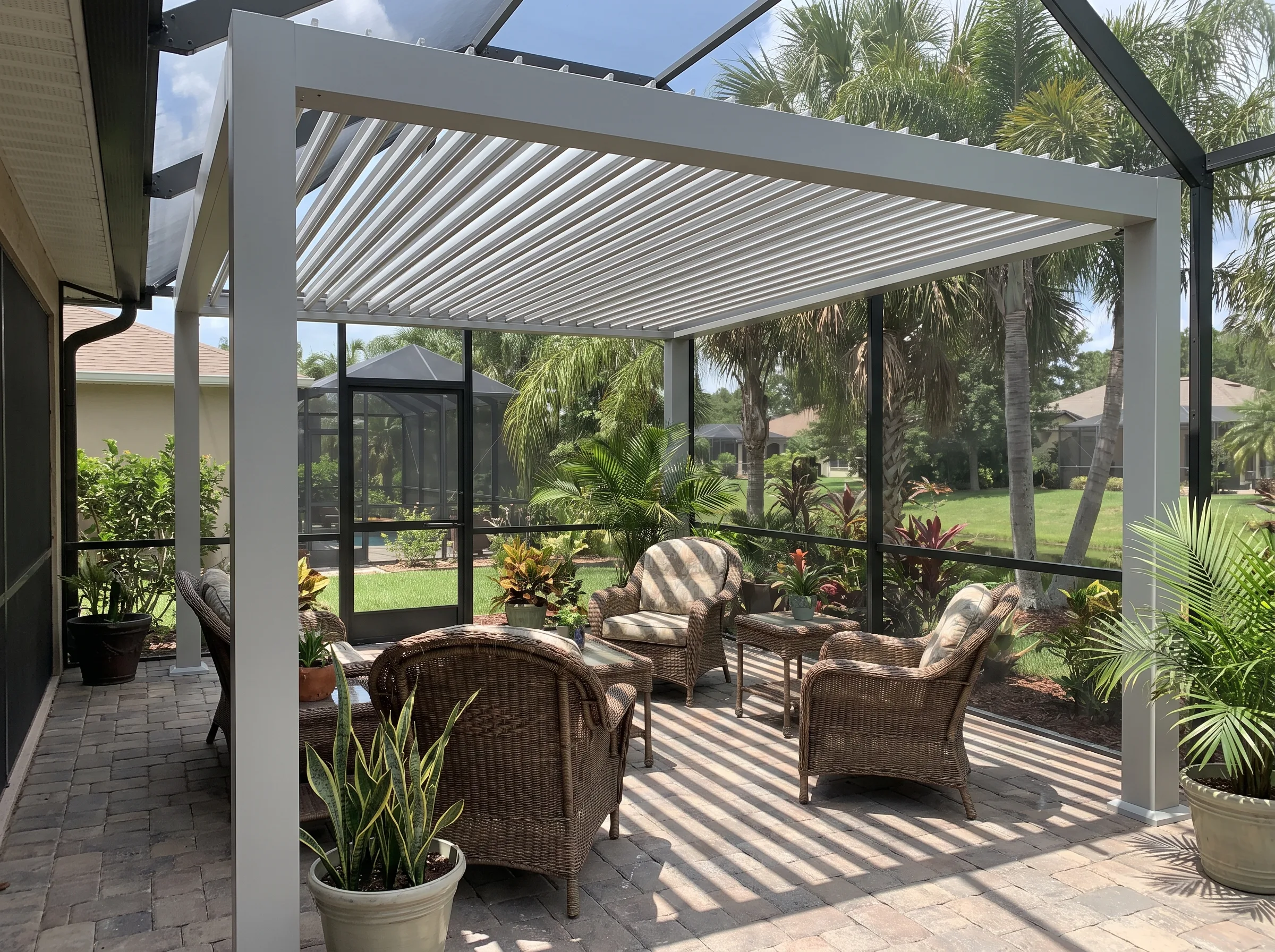Adjustable louver roof on a pergola over a Florida patio with louvers partly open.